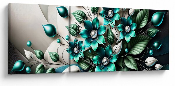 Obraz - 3D tyrkysové kvety (s hodinami) (90x30 cm)