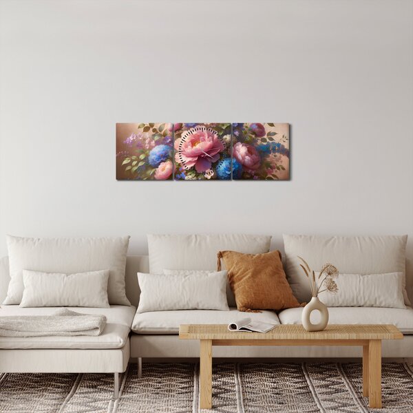Obraz - Stôl plný kvetov (s hodinami) (90x30 cm)