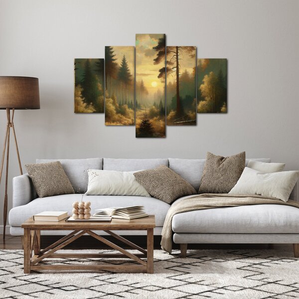 Obraz - Slnko žiariace lesom (150x105 cm)