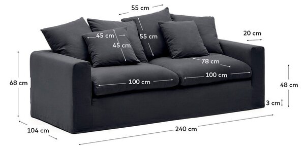 Antracitová ľanová pohovka 240 cm Nora – Kave Home