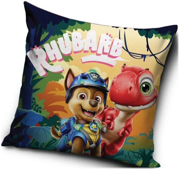 Velúrový vankúš Labková patrola: Dinosaurí film - Paw Patrol: The Dino Movie - motív Chase a dinosaurus - 40x40 cm