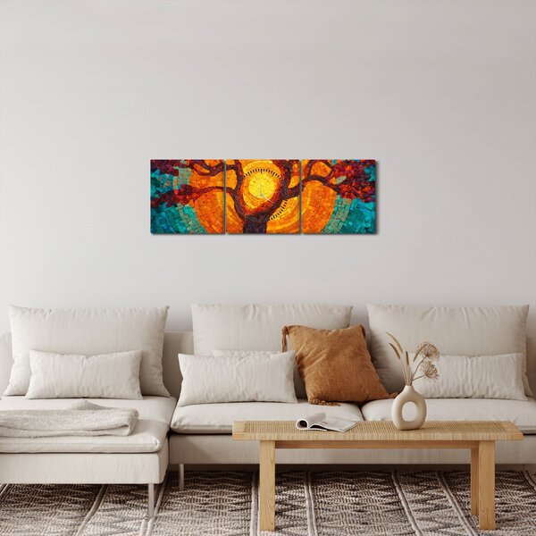 Obraz - Strom života a slnko v mozaike (s hodinami) (90x30 cm)