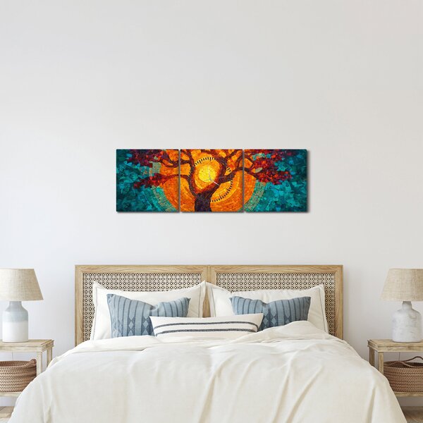Obraz - Strom života a slnko v mozaike (s hodinami) (90x30 cm)