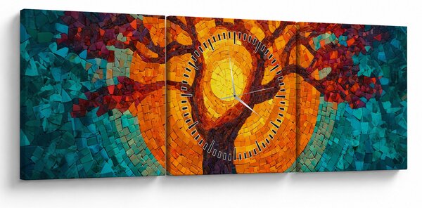 Obraz - Strom života a slnko v mozaike (s hodinami) (90x30 cm)