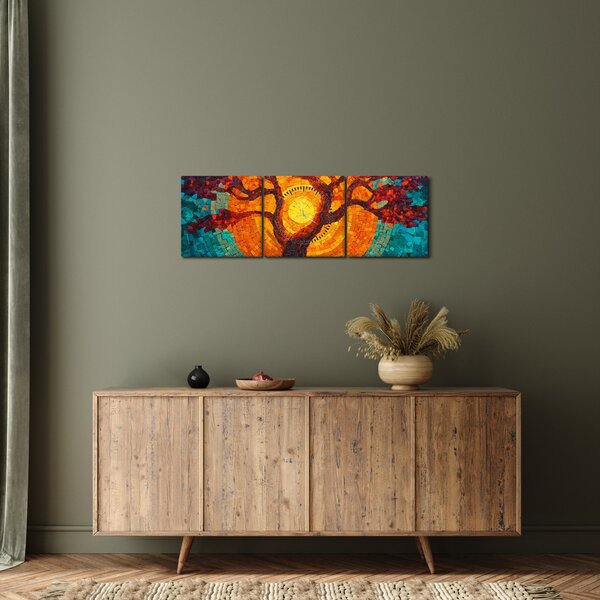 Obraz - Strom života a slnko v mozaike (s hodinami) (90x30 cm)