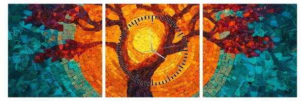 Obraz - Strom života a slnko v mozaike (s hodinami) (90x30 cm)