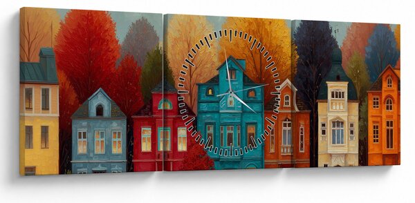 Obraz - Maľované jesenné mesto (s hodinami) (90x30 cm)