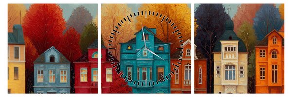 Obraz - Maľované jesenné mesto (s hodinami) (90x30 cm)