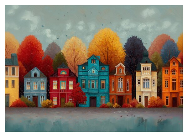 Sklenený obraz - Maľované jesenné mesto (70x50 cm)