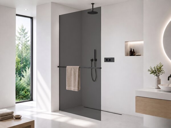 CERANO - Sprchová zástena Walk-in Crystal Ľ/P - 8 mm + polička/držiak na uteráky - bezvzperový systém - čierna matná, grafitové sklo - 50x200 cm