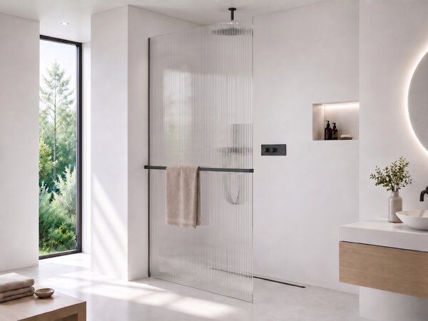 CERANO - Sprchová zástena Walk-in Crystal Ľ/P - 8 mm + polička/držiak na uteráky - bezvzperový systém - čierna matná, ryhované sklo - 50x200 cm