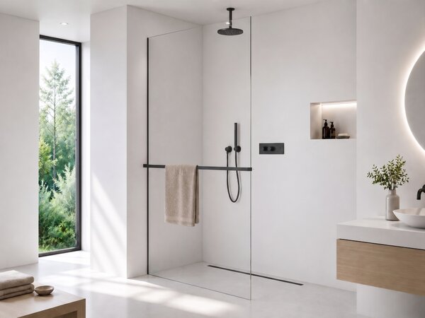 CERANO - Sprchová zástena Walk-in Crystal Ľ/P - 8 mm + polička / držiak na uteráky - bezvzperový systém - čierna matná, transparentné sklo - 60x200 cm
