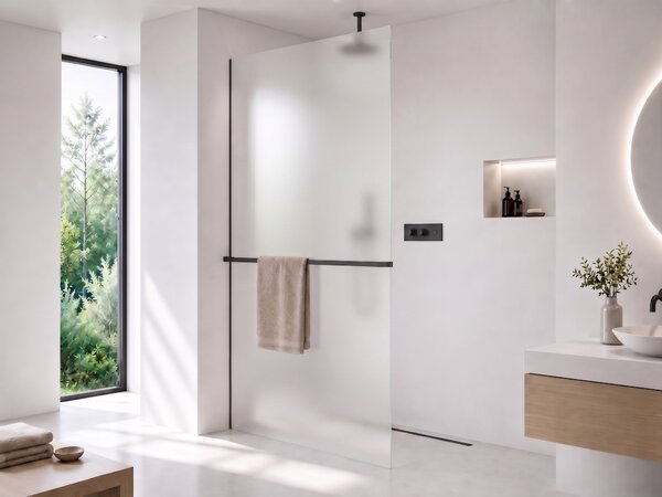CERANO - Sprchová zástena Walk-in Crystal Ľ/P - 8 mm + polička/držiak na uteráky - bezvzperový systém - čierna matná, mliečne sklo - 50x200 cm