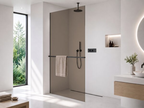 CERANO - Sprchová zástena Walk-in Crystal Ľ/P - 8 mm + polička / držiak na uteráky - bezvzperový systém - čierna matná, bronzové sklo - 50x200 cm