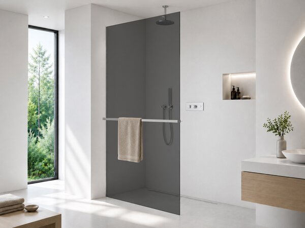 CERANO - Sprchová zástena Walk-in Crystal Ľ/P - 8 mm + polička/držiak na uteráky - bezvzperový systém - chróm, grafitové sklo - 50x200 cm