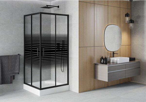 Mexen Rio štvorcová sprchová kabína 90 x 90 cm, čierne pruhy, čierna + sprchová vanička, biela - 860-090-090-70-20-4510