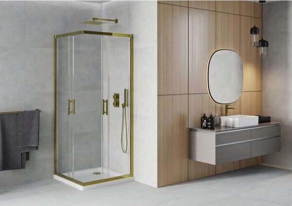 Mexen Rio štvorcový sprchový kút 90 x 90 cm, priehľadný, zlatý + sprchová vanička Flat, biela - 860-090-090-50-00-4010G