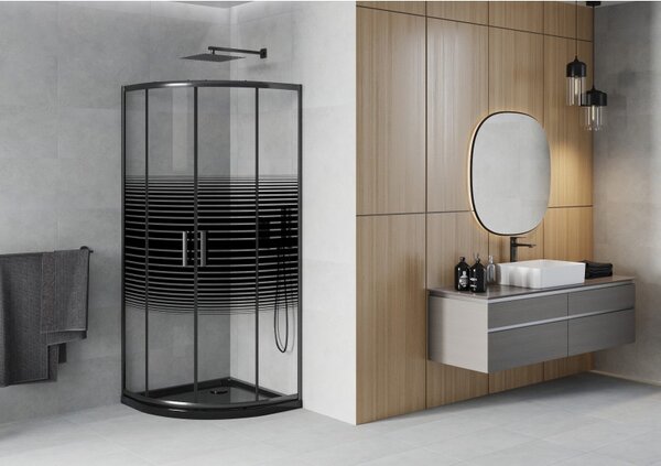 Mexen Rio sprchovací kút polkruhový 80 x 80 cm, čierne pruhy, čierna + vanička Flat, čierna - 863-080-080-70-20-4170B