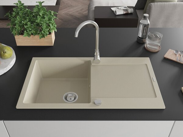 Mexen Leo granitový drez 1-komorový s odkvapkávačom 900 x 500 mm, béžový, sifón chróm - 6501901010-69