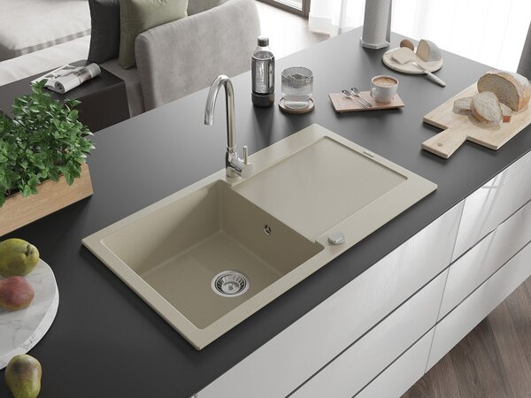 Mexen Leo granitový drez 1-komorový s odkvapkávačom 900 x 500 mm, béžový, sifón chróm - 6501901010-69