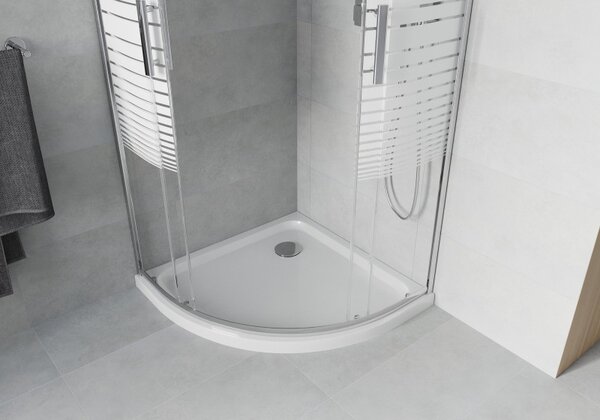 Mexen Rio polkruhový sprchový kút 80 x 80 cm, biele pásy, chróm + vanička Flat, biela - 863-080-080-01-20-4110