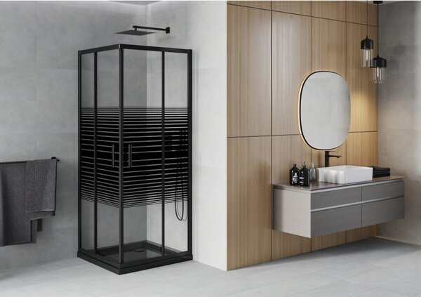 Mexen Rio štvorcová sprchová kabína 70 x 70 cm, čierne pásy, čierna + sprchová vanička Flat, čierna - 860-070-070-70-20-4070B