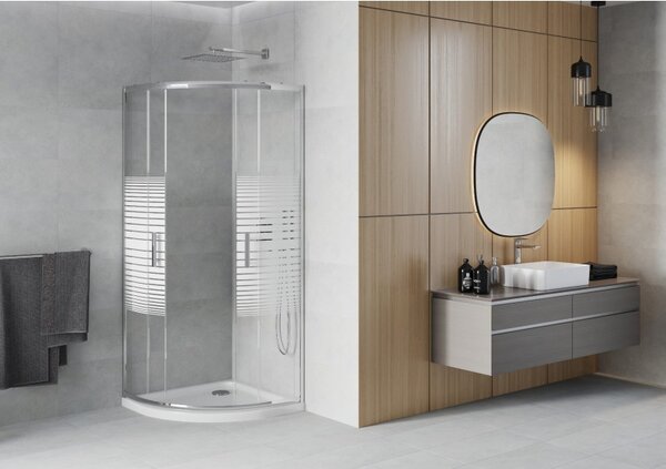 Mexen Rio polkruhový sprchový kút 80 x 80 cm, biele pásy, chróm + vanička Flat, biela - 863-080-080-01-20-4110
