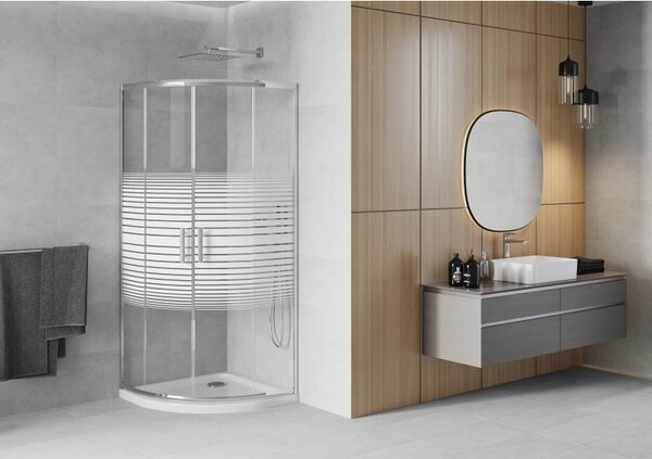 Mexen Rio polkruhový sprchový kút 80 x 80 cm, biele pásy, chróm + vanička Flat, biela - 863-080-080-01-20-4110