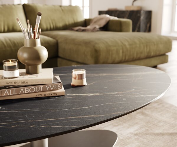 DELIFE Konferenčný stolík Edge oválny 140x80 cm keramika Laminam® Noir Desir hnedá Vibany nerezová oceľ kefovaná