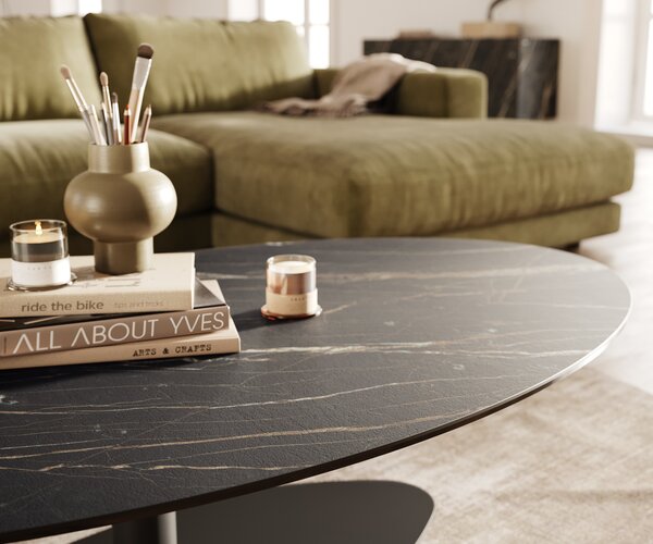 DELIFE Konferenčný stolík Edge oválny 140x80 cm keramika Laminam® Noir Desir hnedá Vibany kov čierna