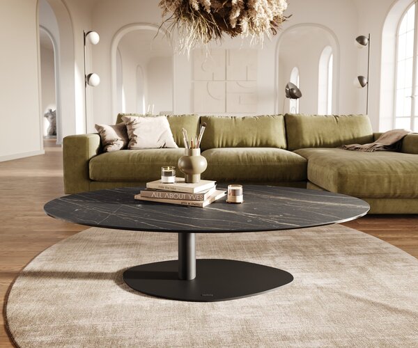 DELIFE Konferenčný stolík Edge oválny 140x80 cm keramika Laminam® Noir Desir hnedá Vibany kov čierna