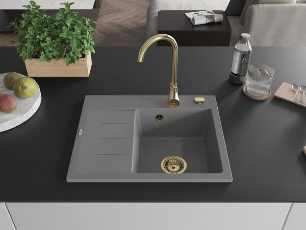 Mexen Ben, 1-komorový granitový drez 600x500x190 mm, pravý + zlatý sifón, šedá, 6523605000-71-G