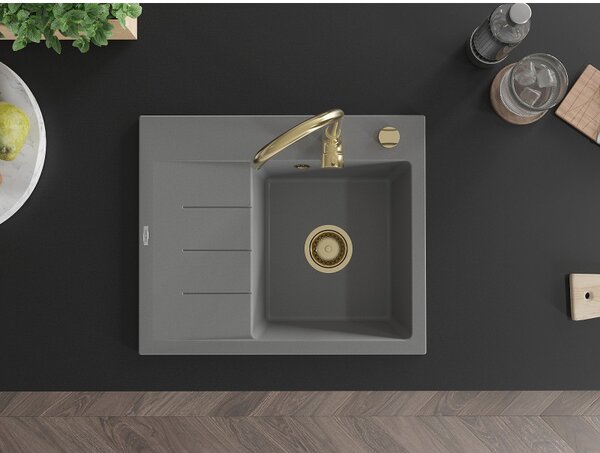 Mexen Ben, 1-komorový granitový drez 600x500x190 mm, pravý + zlatý sifón, šedá, 6523605000-71-G