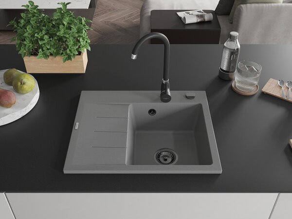 Mexen Ben, 1-komorový granitový drez 600x500x190 mm, pravý + čierny sifón, šedá, 6523605000-71-B