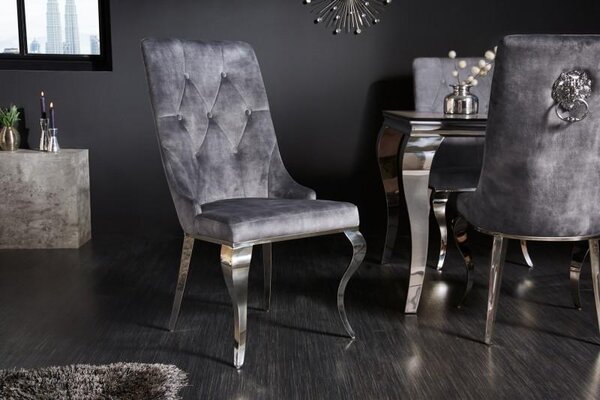 IIG - Elegantná stolička MODERN BAROQUE II, šedá zamat, nerezová oceľ