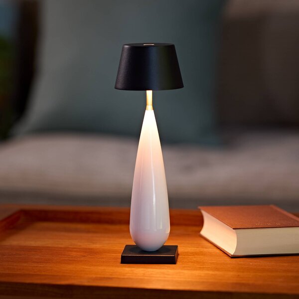 Stolová LED lampa na batérie Thala, biela/čierna, IP65, 24 cm, Biela / opálová, Obývacia izba / jedáleň, Hliník, Moderný, Stojacie svietidlo
