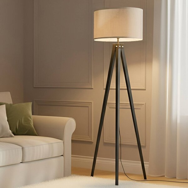 Stojacia lampa Lindby Herry, čierna, drevo, trojnožka, 153 cm, Čierna, Obývacia izba / jedáleň, Textil / látka / hodváb, Škandinávsky, Stojaca lampa