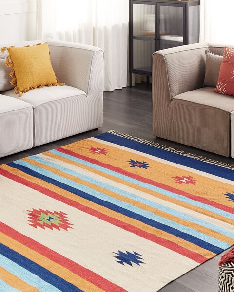 Kelímový koberec viacfarebný bavlna 200 x 300 cm ručne tkaný obojstranný geometrický vzor so strapcami tradičný boho štýl
