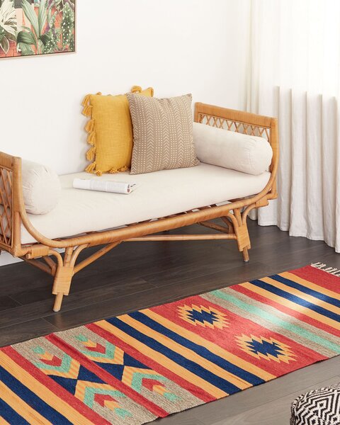 Kelímový koberec viacfarebný bavlna 80 x 300 cm ručne tkaný obojstranný geometrický vzor so strapcami tradičný boho štýl