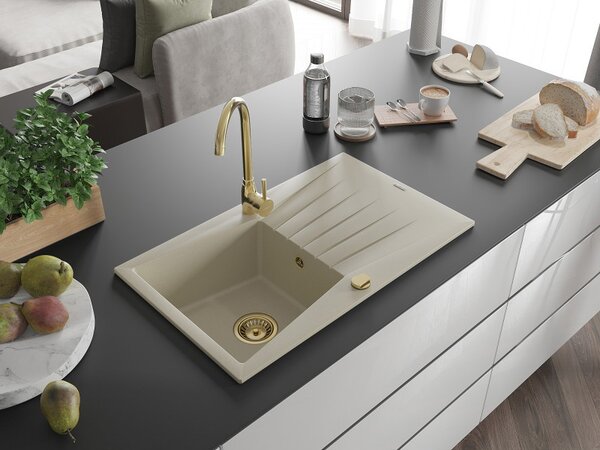 Mexen Cesar, granitový drez 775x470x190 mm, 1-komorový, béžová so zlatým sifónom, 6514771010-69-G