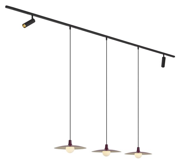 Moderný koľajnicový systém čierny s 2 reflektormi a 3 závesnými svietidlami fialový 1-fázový - Slimline Uzzy Panzi