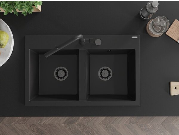 Mexen Hektor, 2-komorový granitový drez 800x480x205 mm, čierna, grafitový sifón, 6521802000-77-B