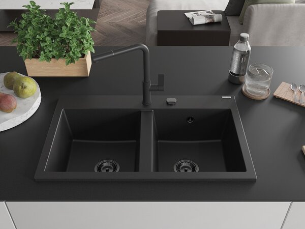Mexen Hektor, 2-komorový granitový drez 800x480x205 mm, čierna, grafitový sifón, 6521802000-77-B