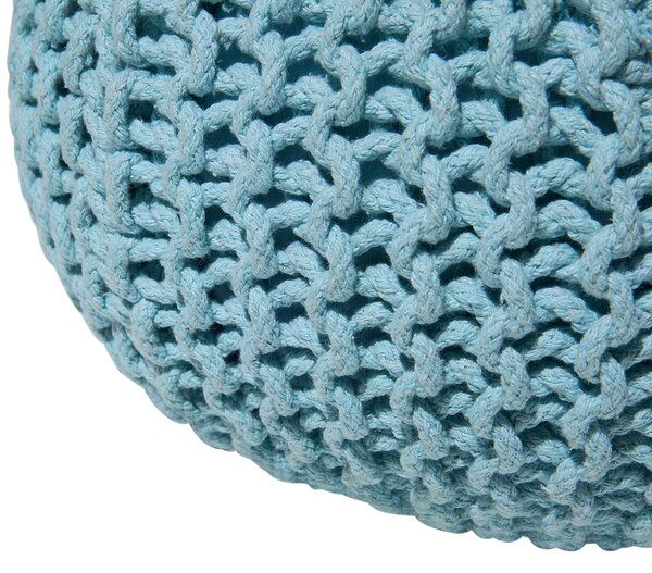 Puf taburetka svetlomodrá okrúhla bavlnená 40 x 25 cm pletená podnožka výplň z polystyrénového granulátu