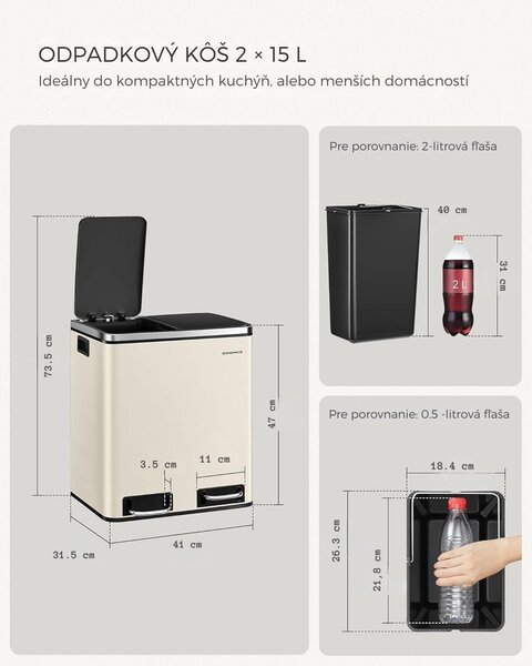 Kôš na separovanie odpadu SORT 30l (2×15l), béžová/strieborná/čierna SongmicsHome
