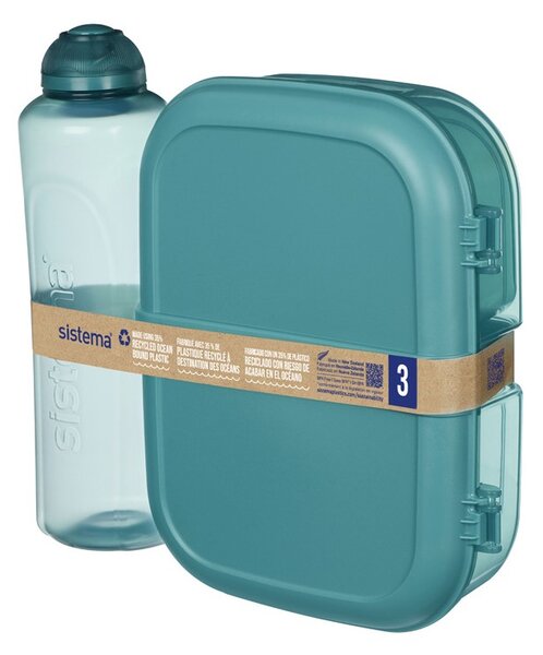 Set desiatového boxu s fľašou - Desiatový box Ribbon 1,1 l a fľaša Swift 480 ml, mix farieb - SISTEMA Farba škatuliek SISTEMA: Modrá