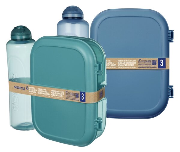 Set desiatového boxu s fľašou - Desiatový box Ribbon 1,1 l a fľaša Swift 480 ml, mix farieb - SISTEMA Farba škatuliek SISTEMA: Modrá