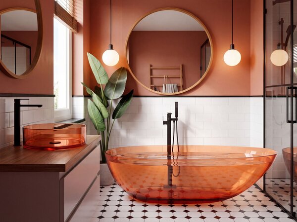 Voľne stojaca vaňa priehľadná červená z materiálu solid surface 169 x 78 cm oválne pre jednu osobu moderný dizajn