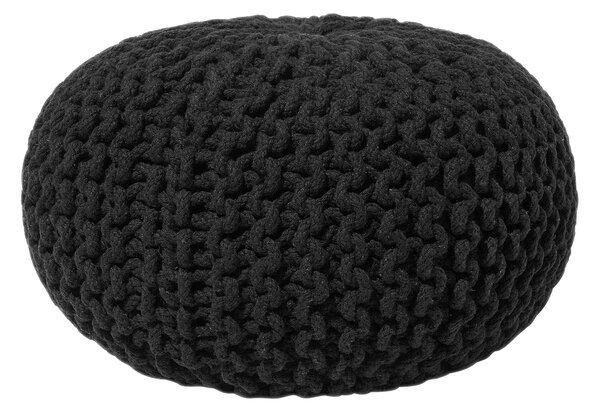 Puf taburetka čierna okrúhla bavlnená 40 x 25 cm pletená podnožka výplň z polystyrénového granulátu