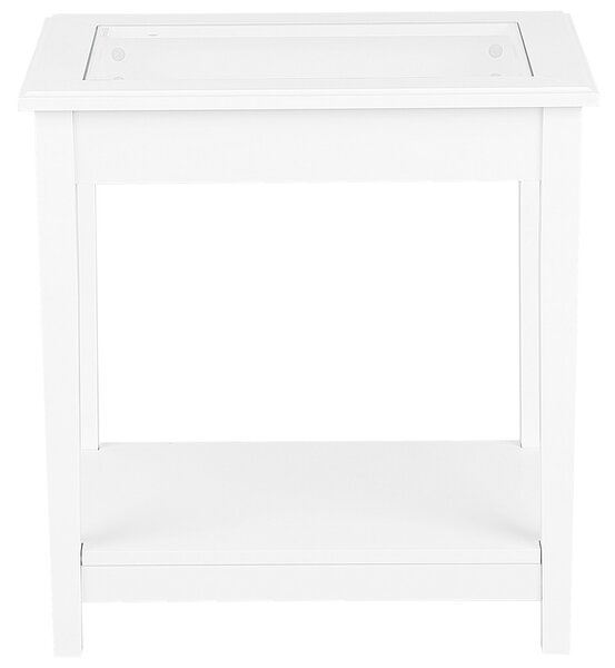 Odkladací stolík biely MDF 60 x 57 x 40 cm sklenená vrchná doska s policou nočný stolík moderný rustikálny štýl obývačka spálňa